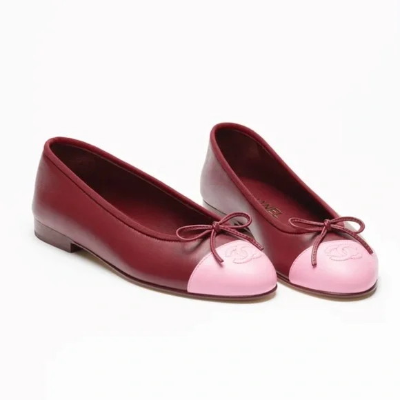 CHANEL Burgundy and Pink Leather Ballet Flats - Picture 1 of 4